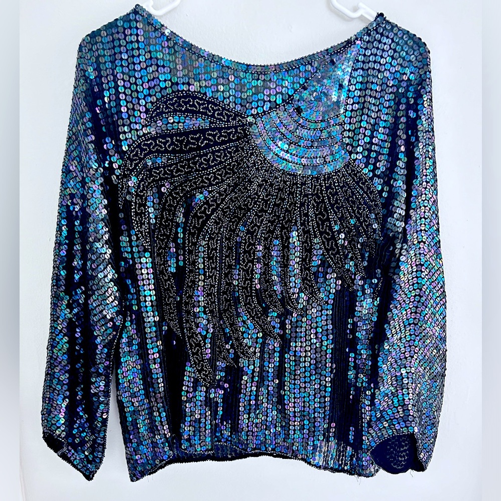 🔥WOW🔥Vintage Silk Sequined & Beaded Scalloped Cocktail Kimono Festival Top 80s